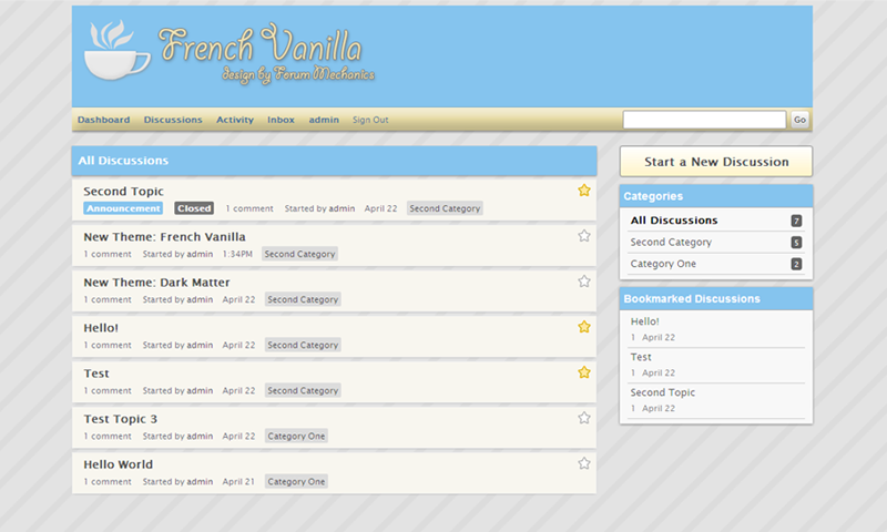 French Vanilla is a light, elegant theme for Vanilla 2. It features unique "breadcrumb" links to help users navigate your forum.